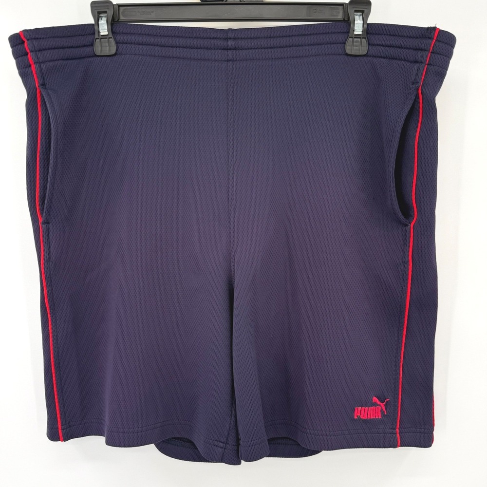 Puma Athletic Shorts Men XL Navy Blue Mesh Red Piping Logo Activewear